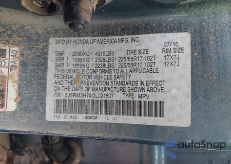 2016 Honda Cr-V Ex-L z USA, uszkodzony, nr VIN 5J6RM3H74GL021807